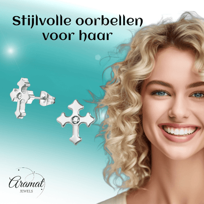 Stalen Oorbellen met kruisje met klein steentje – Zilverkleur – 12x10mm - oor3343 - 30176 - Oorbellen kopen# - 12mm - alles - cadeau