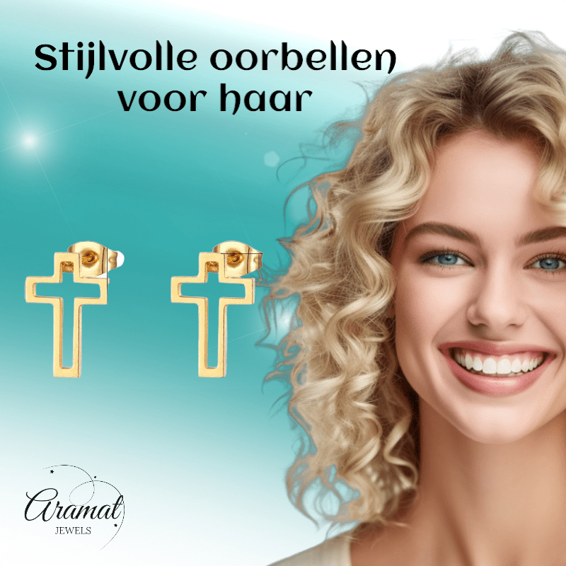 Stalen Oorbellen met opengewerkt kruisje – Goudkleur – 10x7mm - Aramat Jewels - Oorbellen - cadeautip