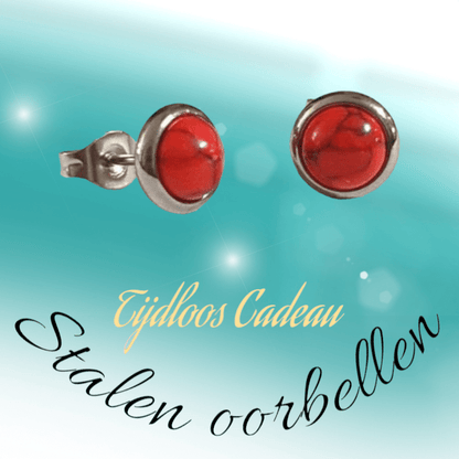 Stalen oorbellen rood gemarmerd 8mm zilverkleur - oor3069 - Oorbellen kopen# - 8mm - alles - cadeau