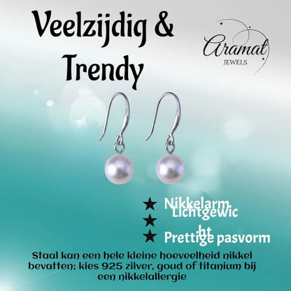 Stalen Oorhangers witte parel 8mm - Aramat Jewels - Oorhangers - cadeautip