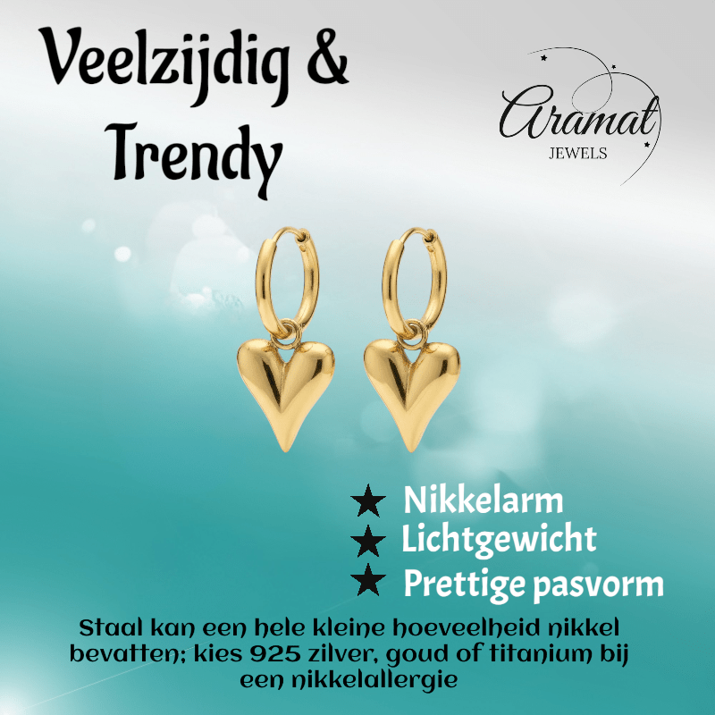 Stalen Oorringen met Hartjes bedel goudkleur - Aramat Jewels - Oorringen - cadeautip