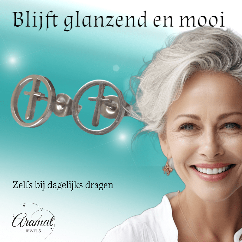 Stalen ronde oorbellen met kruisje – Zilverkleur – 10mm - oor1339 - XE76506 - Oorbellen kopen# - 10mm - alles - cadeau