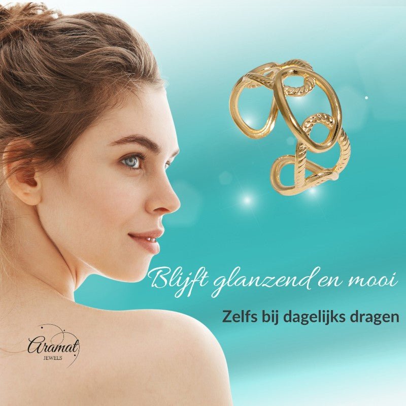 Stalen Schakelring - Verstelbaar - Stainless Steel - 10mm - ring356 - 161834 - Ringen kopen# - Goudkleur - alles - boho
