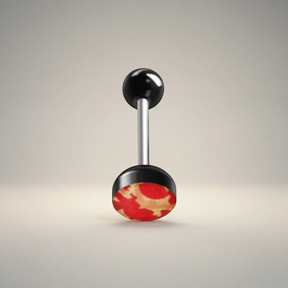 Aramat Jewels black and red camouflage print tongue piercing. Made of acrylic and surgical steel, 16mm length.