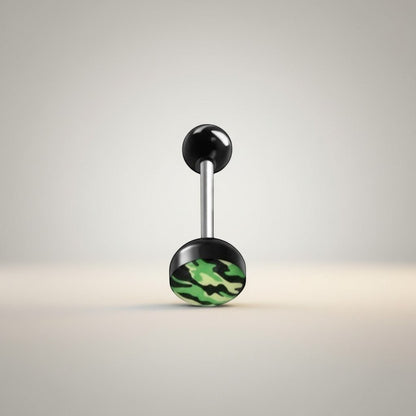 Aramat Jewels camouflage print tongue piercing. Features a black acrylic top ball and a black base with a green, black, and yellow camouflage pattern. Made of surgical steel.