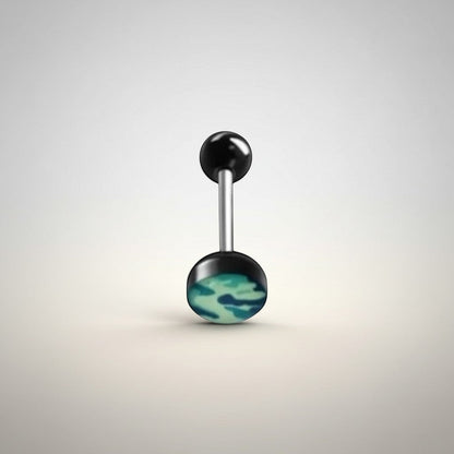 Aramat Jewels camouflage print tongue piercing with black acrylic balls and a steel bar. Features a blue and green camouflage design.