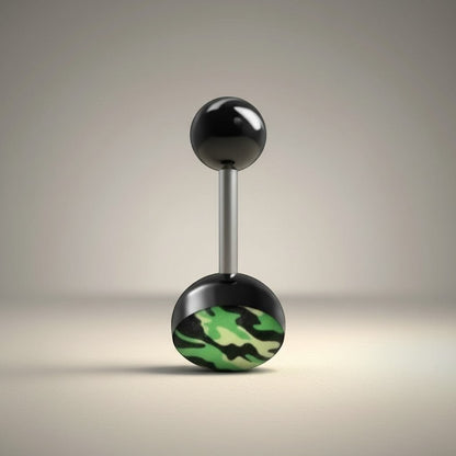 Aramat Jewels camouflage print tongue piercing with black acrylic balls and a steel bar.