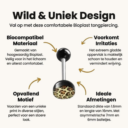Een set van vier zwarte en gouden nep-tongpinnen met luipaardprint
