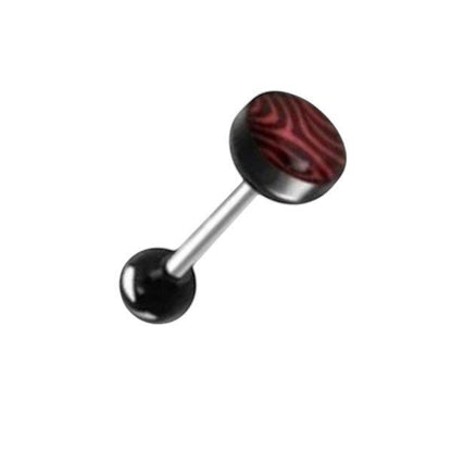 Aramat Jewels steel tongue piercing with black top ball and red wood grain pattern acrylic bottom ball.