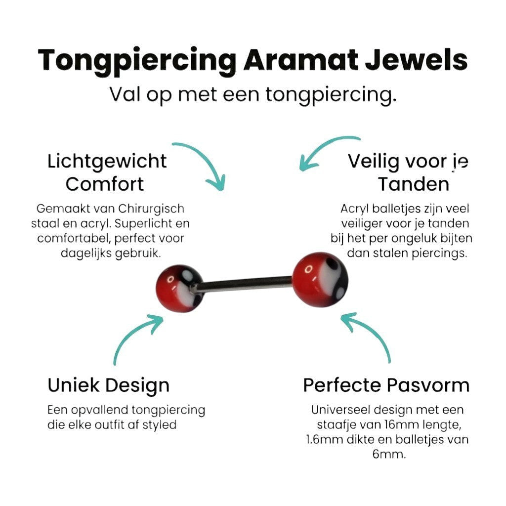 Aramat Jewels steel tongue piercing with acrylic yin yang balls in red, white, and black.