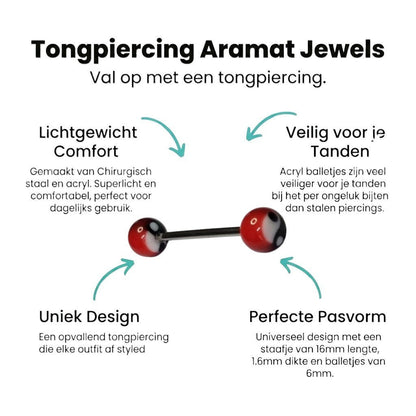 Aramat Jewels steel tongue piercing with acrylic yin yang balls in red, white, and black.