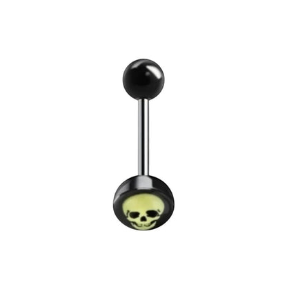 Aramat Jewels surgical steel tongue piercing with a black bar and a yellow skull logo.