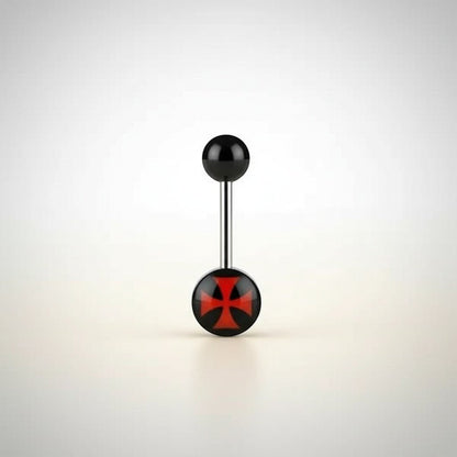 Aramat Jewels surgical steel tongue piercing with black acrylic logo featuring a red cross design. 16mm length, 1.6mm gauge.