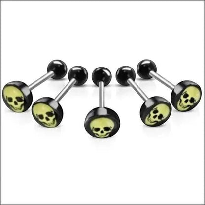 Aramat Jewels surgical steel tongue piercing with black acrylic skull logo and black balls.
