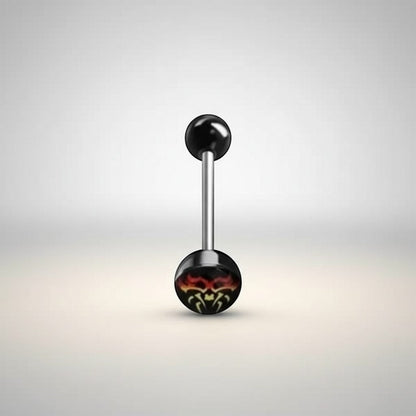 Aramat Jewels surgical steel tongue piercing with black acrylic logo featuring a red and yellow flame design. 16mm length, 1.6mm gauge.