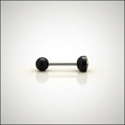 Aramat Jewels surgical steel tongue piercing with black acrylic skull logo, 16mm length.