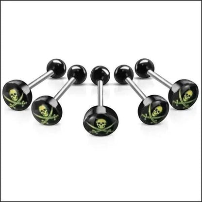 Aramat Jewels surgical steel tongue piercing with black acrylic logo featuring a yellow skull and crossbones.