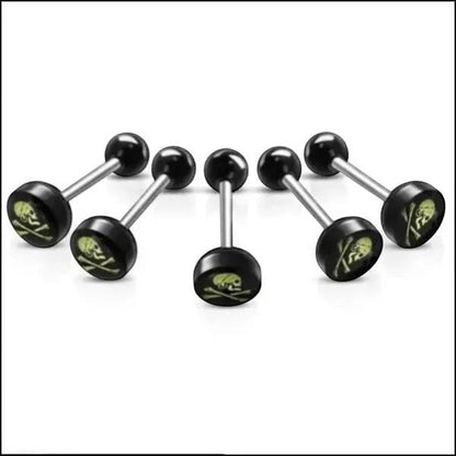 Aramat Jewels surgical steel tongue piercing with black acrylic logo featuring a skull and crossbones design.