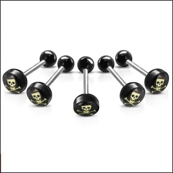 Aramat Jewels surgical steel tongue piercing with black acrylic skull and crossbones logo. 16mm length, 1.6mm gauge.