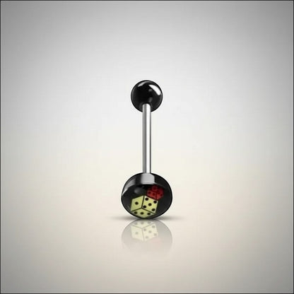 Aramat Jewels surgical steel tongue piercing with black acrylic balls and dice logo design.