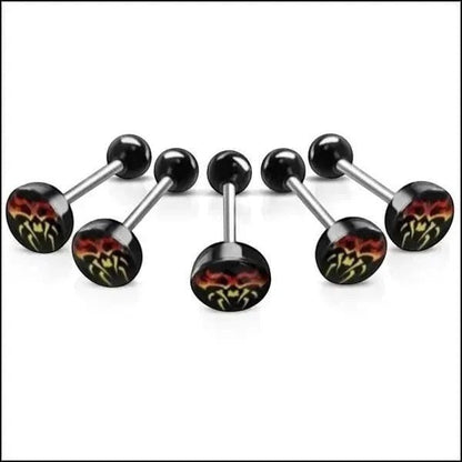 Aramat Jewels surgical steel tongue piercing with black acrylic logo featuring a red and yellow flame design. 16mm length, 1.6mm gauge.