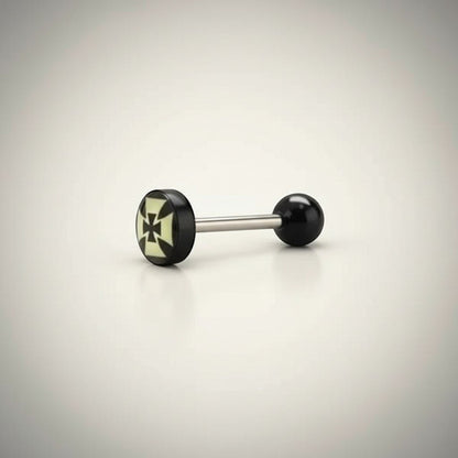 Aramat Jewels surgical steel tongue piercing with black acrylic balls and a black and yellow cross logo.