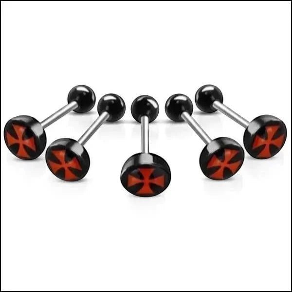 Aramat Jewels surgical steel tongue piercing with black acrylic logo featuring a red cross design. 16mm length, 1.6mm gauge.