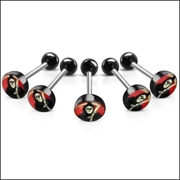 Aramat Jewels surgical steel tongue piercing with black acrylic balls and a grim reaper logo design.