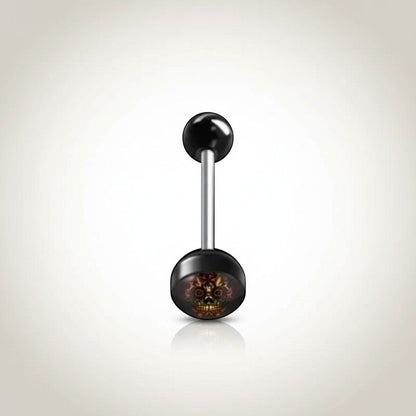 Aramat Jewels surgical steel tongue piercing with black acrylic logo featuring a skull design. 16mm length, 1.6mm gauge.