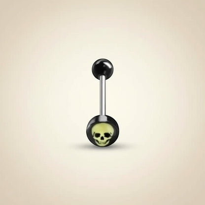 Aramat Jewels surgical steel tongue piercing with black acrylic skull logo and black balls.