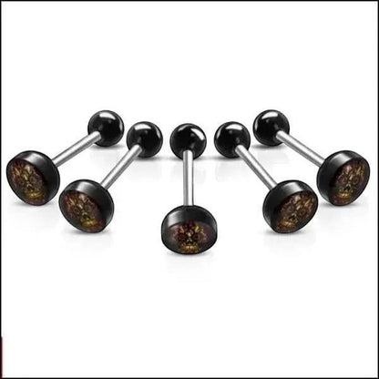 Aramat Jewels surgical steel tongue piercing with black acrylic logo featuring a skull design. 16mm length, 1.6mm gauge.