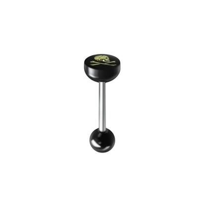 Aramat Jewels surgical steel tongue piercing with black acrylic logo featuring a skull and crossbones design.