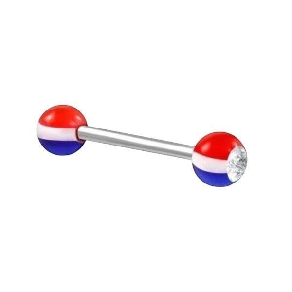 Een set van drie rode, witte en blauwe ballen met een diamant erop