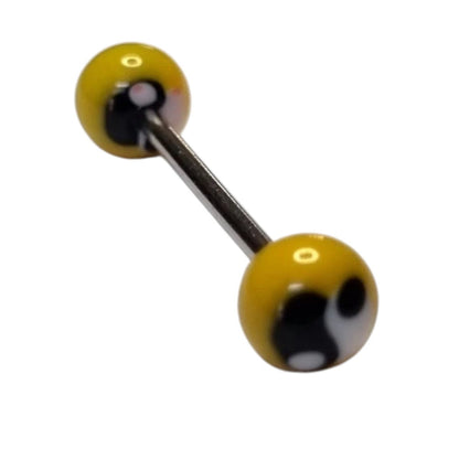 Een paar gele en zwarte glazen bollen