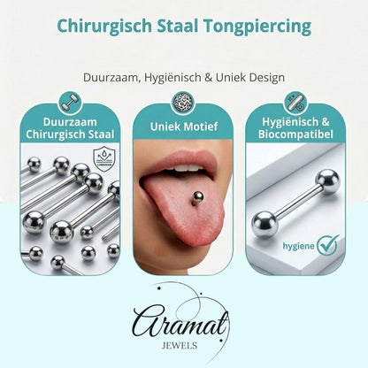 Aramat Jewels black and pink zebra stripe steel tongue piercing with 7mm top ball and 5mm bottom ball.