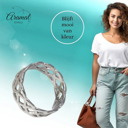 Stalen Verstelbare Open Ring - Gevlochten Motief - One Size - ring295 - 161795 - Ringen kopen# - Goudkleur - alles - bali