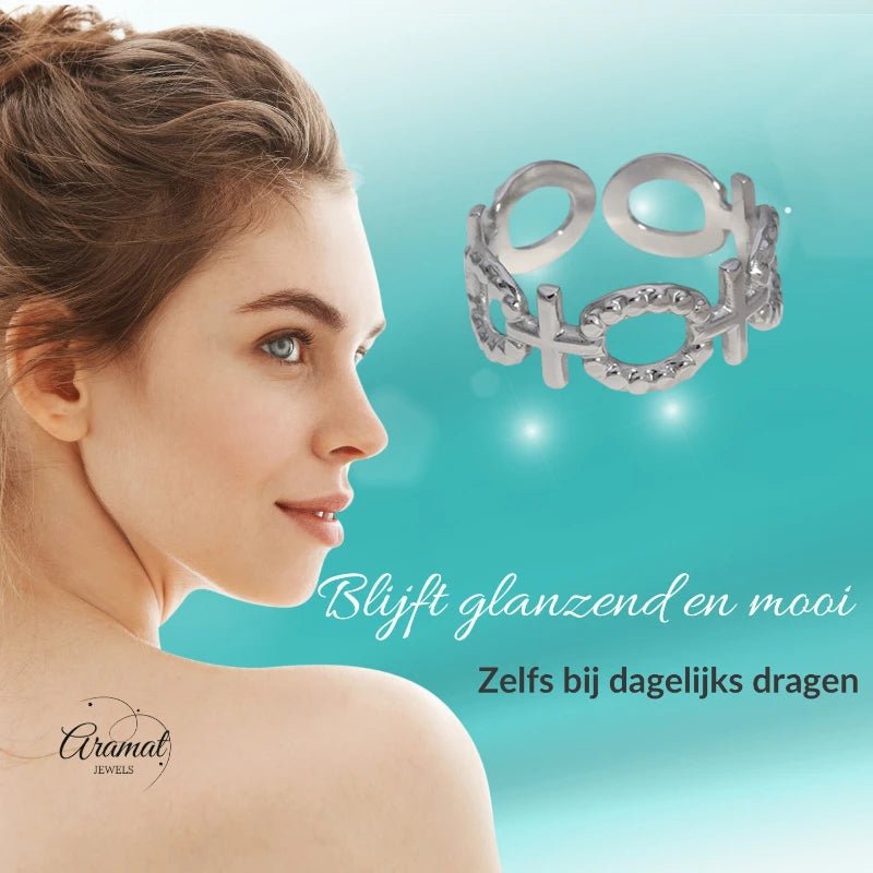 Stalen Verstelbare Open Ring - Schakel Motief & Dots - One Size - ring274 - 161594 - Ringen kopen