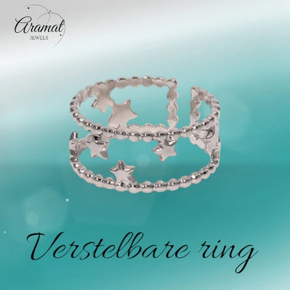 Stalen Verstelbare Open Ring - Sterretjes & Dots - One Size - ring277 - 161335 - Ringen kopen