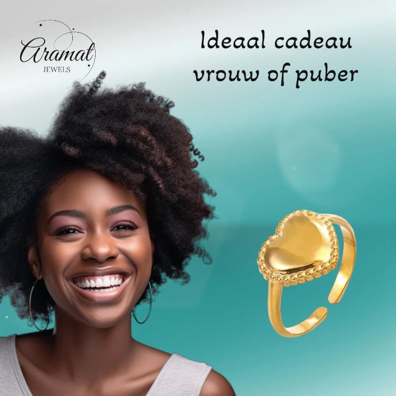 Stalen verstelbare ring - hart met bolletjes rand - ring235 - tm - ZN034 - Ringen kopen# - Goudkleur - alles - cadeau