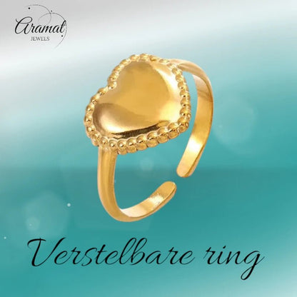Stalen verstelbare ring - hart met bolletjes rand - ring236 - tm - ZN034 - Ringen kopen# - Zilverkleur - alles - cadeau
