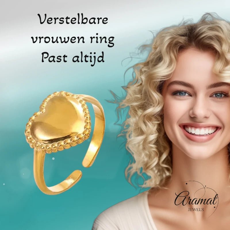 Stalen verstelbare ring - hart met bolletjes rand - ring236 - tm - ZN034 - Ringen kopen# - Zilverkleur - alles - cadeau