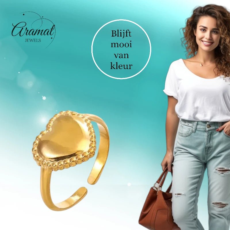 Stalen verstelbare ring - hart met bolletjes rand - ring236 - tm - ZN034 - Ringen kopen# - Zilverkleur - alles - cadeau