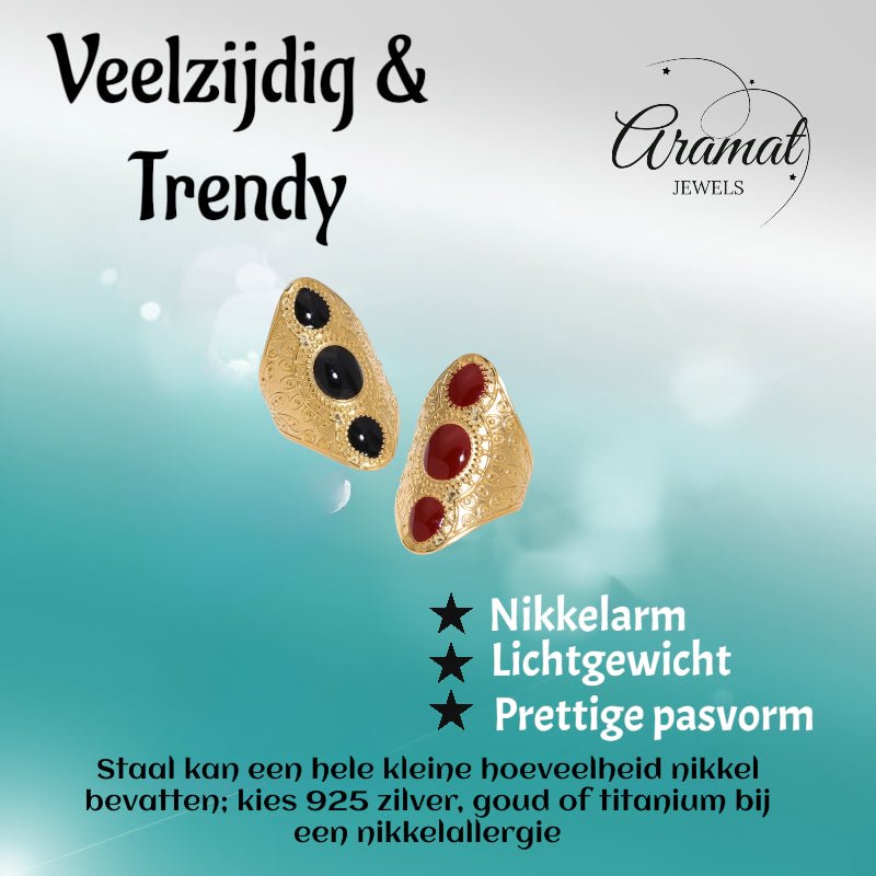 Statement Ring RVS met Drie Ovale Emaille Vullingen (45 mm Lang) - Aramat Jewels - Ringen - cadeautip