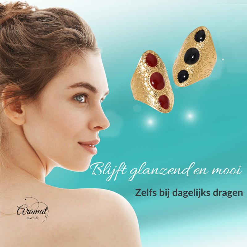 Statement Ring RVS met Drie Ovale Emaille Vullingen (45 mm Lang) - Aramat Jewels - Ringen - cadeautip