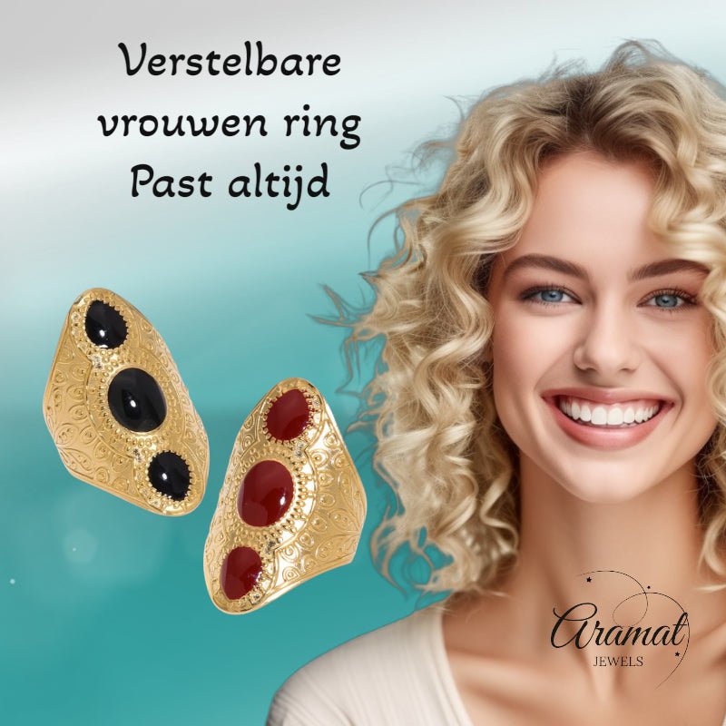 Statement Ring RVS met Drie Ovale Emaille Vullingen (45 mm Lang) - Aramat Jewels - Ringen - cadeautip