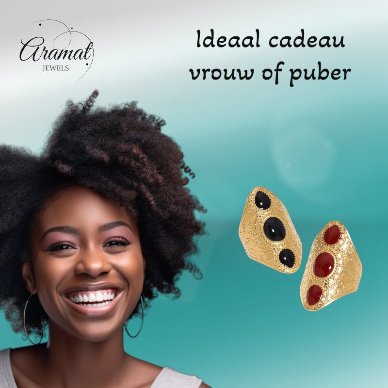 Statement Ring RVS met Drie Ovale Emaille Vullingen (45 mm Lang) - Aramat Jewels - Ringen - cadeautip