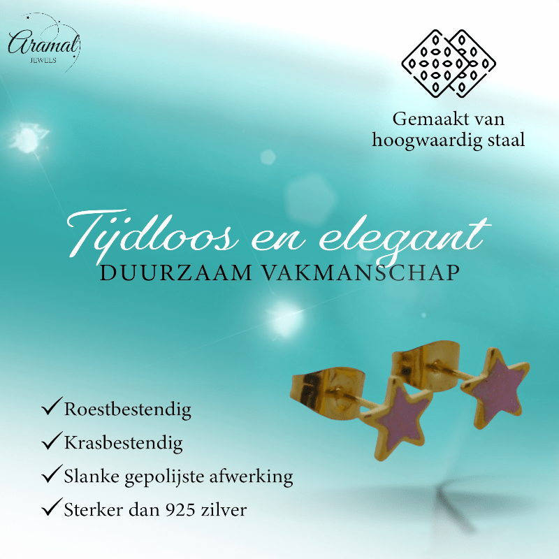Ster Oorbellen - goudkleur - 6mm - Roze Emaille - Aramat Jewels - Oorbellen - cadeautip