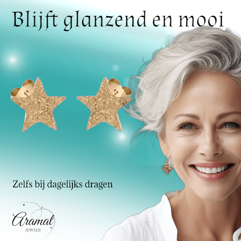 Ster oorstekers goudkleur – sandblasted – 8mm - Aramat Jewels - Oorbellen - cadeautip