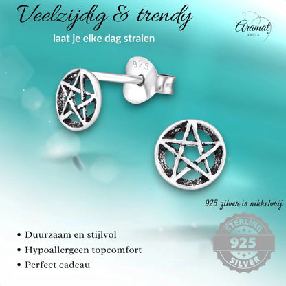 Sterling Zilveren Gotische Ster Oorknopjes Antieklook Rond 6mm - Aramat Jewels - Oorbellen - cadeautip