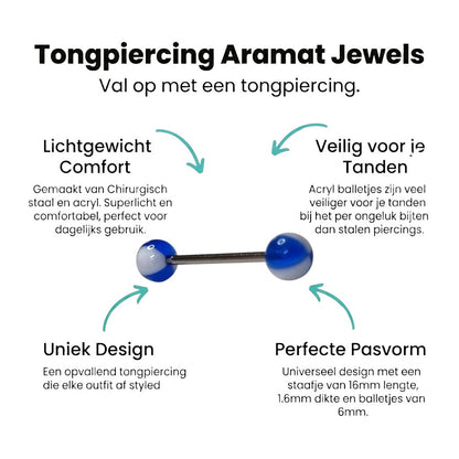Aramat Jewels steel tongue piercing with white and blue acrylic balls. 16mm bar, 6mm balls, 1.6mm gauge.